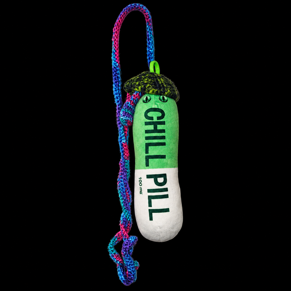 Green-and-white Chill Pill plush with crocheted hat and colourful yarn necklace