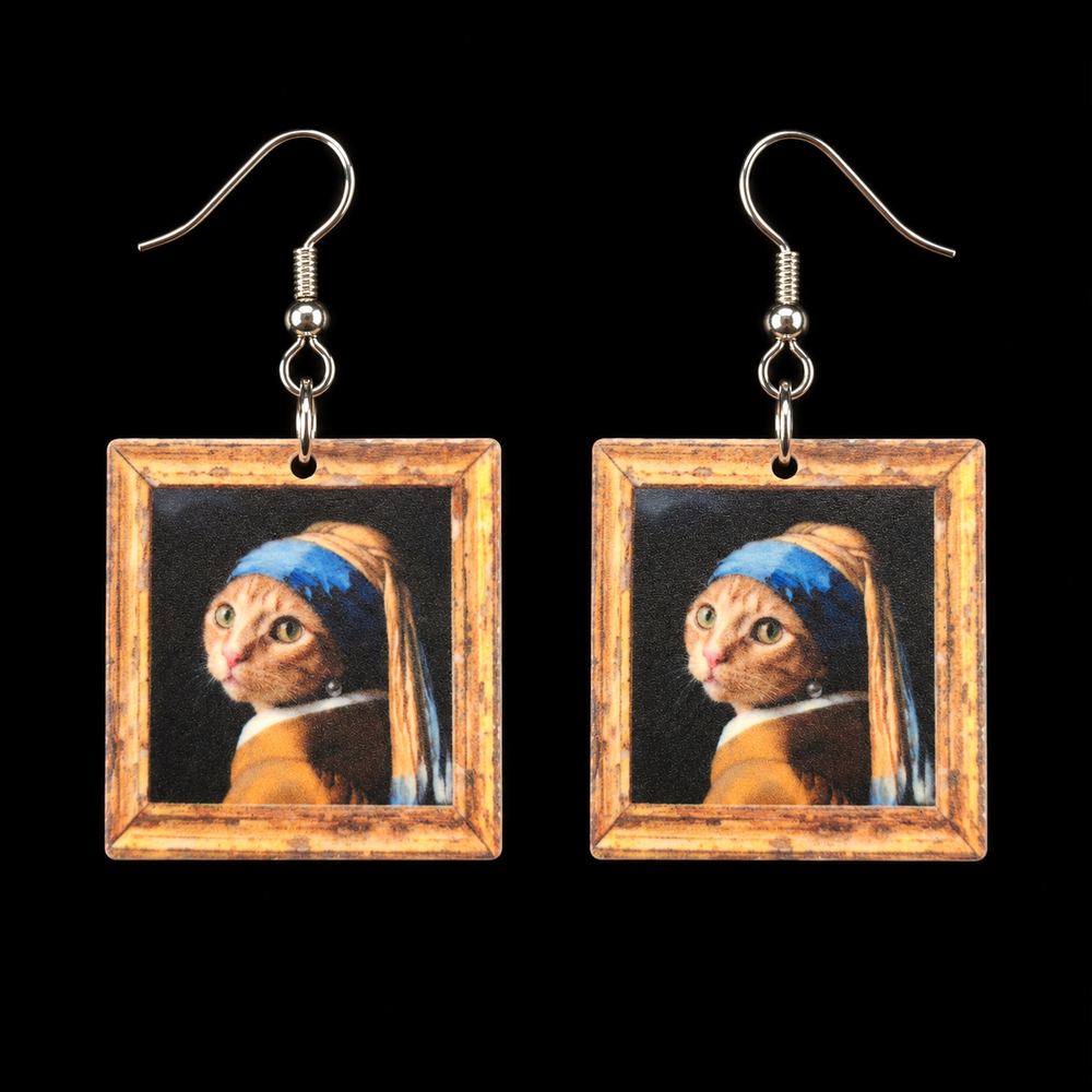 Framed cat portrait dangle earrings