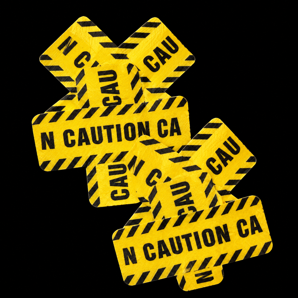Yellow cross pasties with black caution lettering and stripes