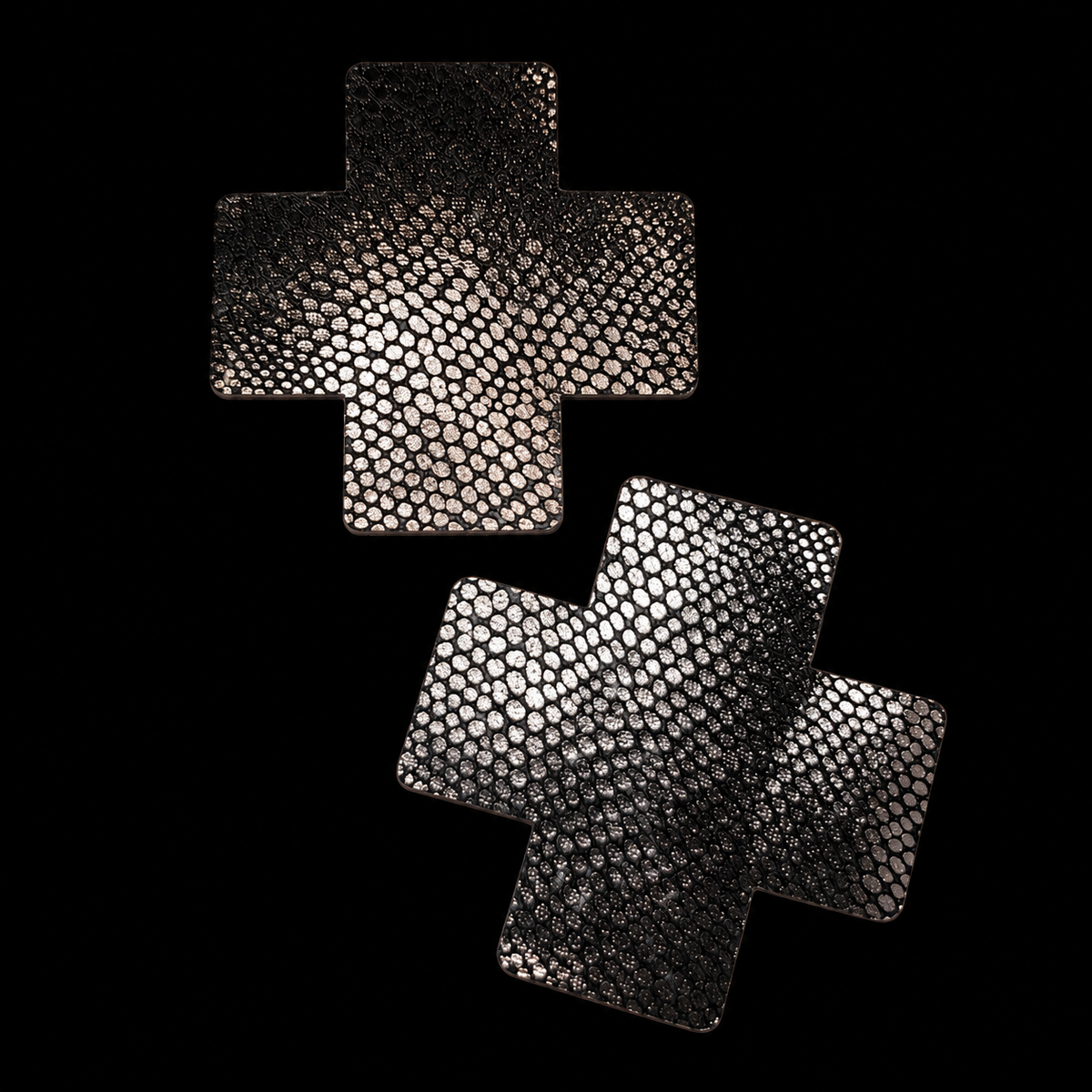 Silver and black scale-patterned cross pasties