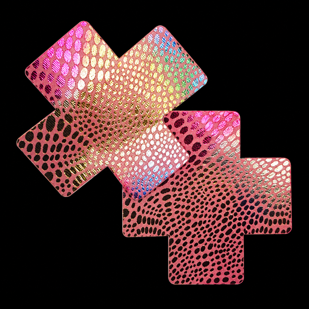 Pink shiny scale-patterned cross pasties
