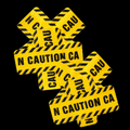 Yellow cross pasties with black caution lettering and stripes