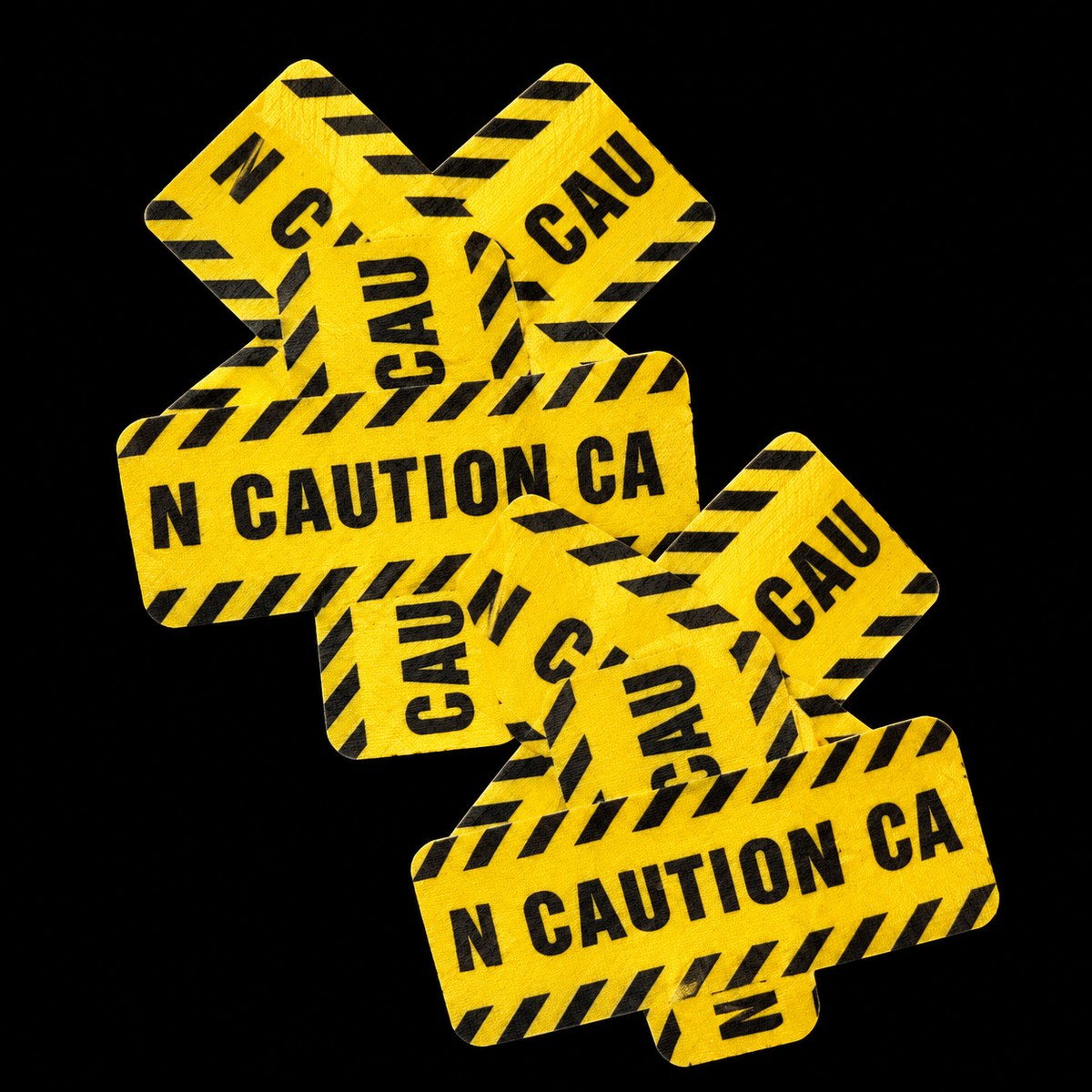 Yellow cross pasties with black caution lettering and stripes
